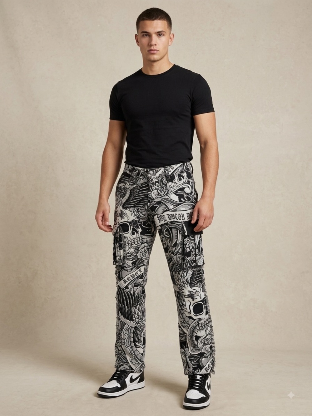 Rebel Vengeance Skull Tapestry Cargo Pants Woven Graphic Men's 30